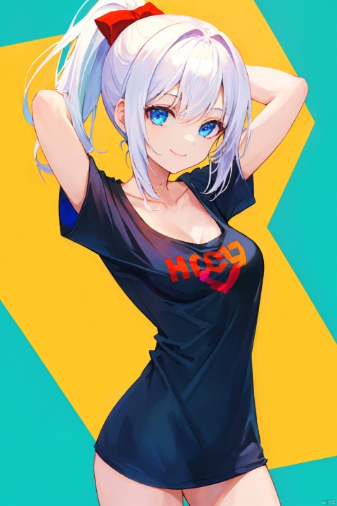 (highly detailed),best quality,1girl,(((breasts out))),((loose t-shirt)),collarbone,bare legs,little smile,white hair,high ponytail,flat chest,arms up,