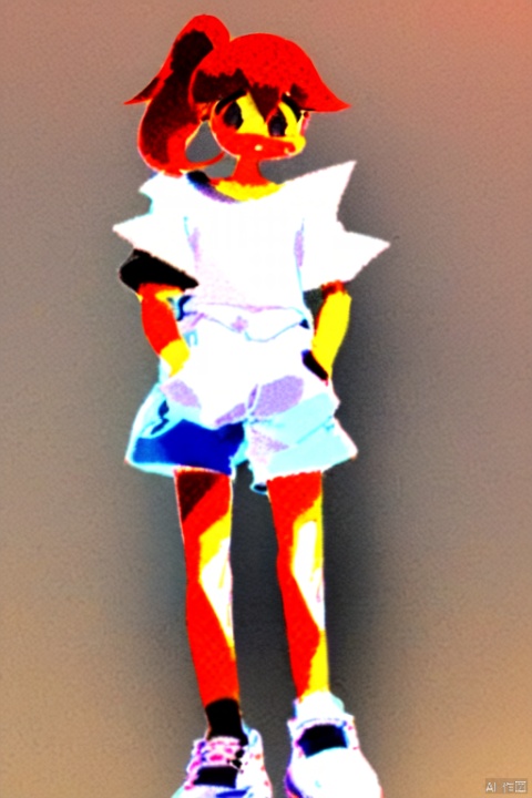 A young girl with a slightly red face, black single ponytail, cherry small mouth, white short sleeved top, white shorts, and small white shoes. Her head is crooked, her hands are in her pockets, and her whole body is photographed in a beautiful style
