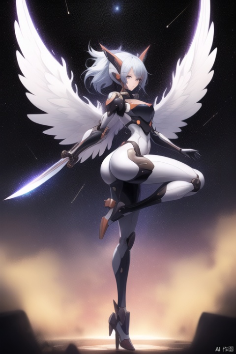 Domineering side leak, shaped like eight wings, single wielding a knife, the mecha has a slender and slender body shape, standing on one leg and stepping on the void with the other leg, facing the entire body with a background starry sky under a meteor shower