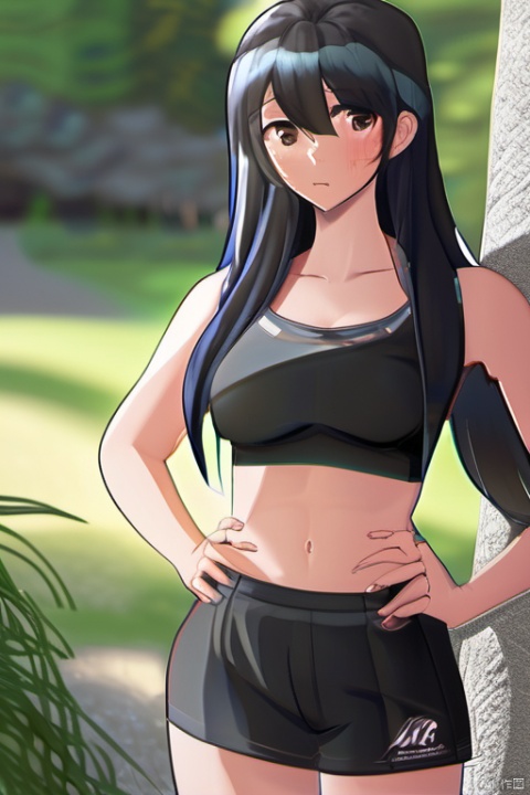 A beautiful girl with long black hair at waist length, exuding a fairy like aura, with hair tips on her head, a beautiful face, perfect body proportions, wearing casual sportswear and shorts, with her eyes facing us, hands behind her back, blushing slightly, looking at me shyly and affectionately.Can see all over the body