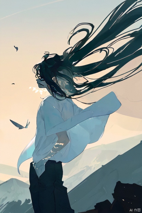 A boy with ancient style long hair, like ink colored pupils, fluttering in the wind on the mountaintop. He wore a long white shirt, which could be used as his pants. When viewed from the side at a 45 degree angle, his artistic style was exquisite