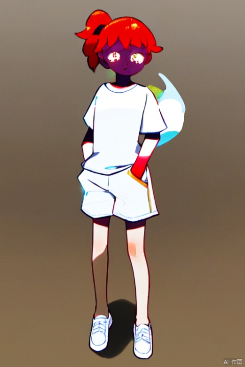 A young girl with a slightly red face, black single ponytail, cherry small mouth, white short sleeved top, white shorts, and small white shoes. Her head is crooked, her hands are in her pockets, and her whole body is photographed by the Infinite Immortal Lord