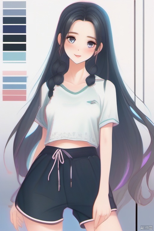 A beautiful girl with long black hair at waist length, exuding a fairy like aura, with hair tips on her head, a beautiful face, perfect body proportions, wearing casual sportswear and shorts, with her eyes facing us, hands behind her back, blushing slightly, looking at me shyly and affectionately.Full body diagram