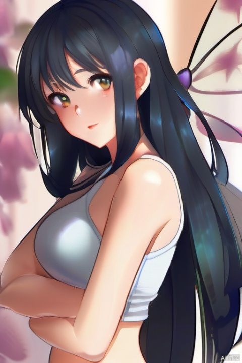 A beautiful girl with long black hair at waist length, exuding a fairy like aura, with hair tips on her head, a beautiful face, perfect body proportions, wearing casual sportswear and shorts, with her eyes facing us, hands behind her back, blushing slightly, looking at me shyly and affectionately. The image quality is not blurry