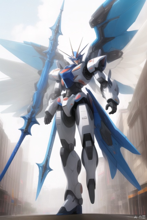 Domineering side leak, resembling eight wings, holding a long spear with the spear pointing straight ahead. The long spear model is handsome, the mecha model is handsome, and the entire body is in front of it, mecha_robot