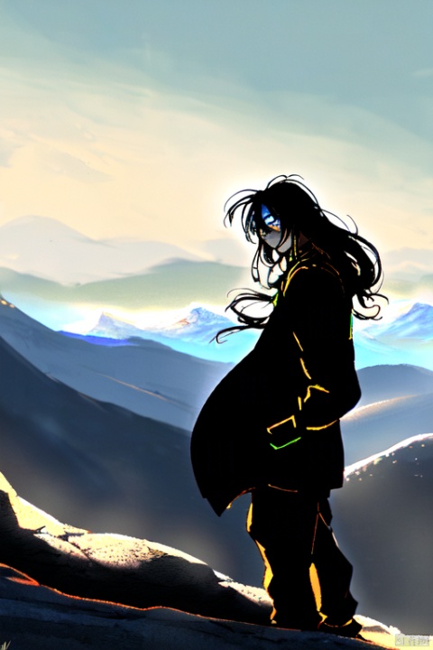 A boy with ancient style long hair and dark pupils at a 45 degree angle looked at us. His hair was fluttering in the wind on the mountaintop, with his hands in his pockets. His side view was exquisite