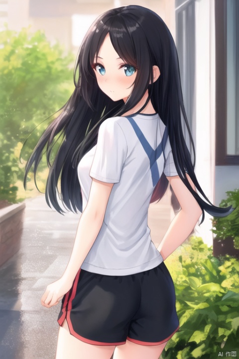  A beautiful girl with long black hair at waist length, exuding a fairy like aura, with hair tips on her head, a beautiful face, perfect body proportions, wearing casual sportswear and shorts, with her eyes facing us, hands behind her back, blushing slightly, looking at me shyly and affectionately.