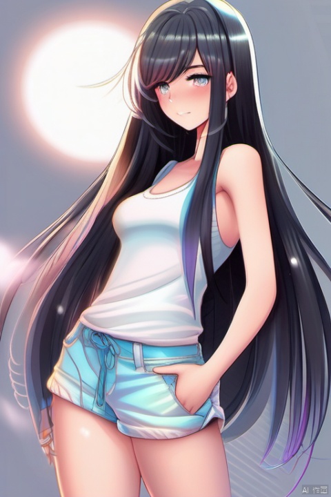  A beautiful girl with long black hair at waist length, exuding a fairy like aura, with hair tips on her head, a beautiful face, perfect body proportions, wearing casual sportswear and shorts, with her eyes facing us, hands behind her back, blushing slightly, looking at me shyly and affectionately.Can see all over the body