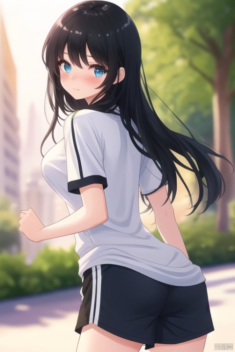  A beautiful girl with long black hair at waist length, exuding a fairy like aura, with hair tips on her head, a beautiful face, perfect body proportions, wearing casual sportswear and shorts, with her eyes facing us, hands behind her back, blushing slightly, looking at me shyly and affectionately. The image quality is not blurry