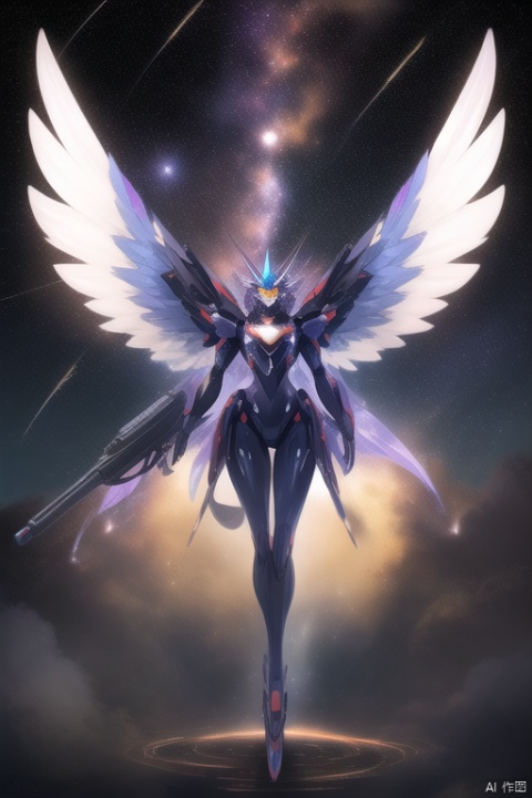 With a domineering side leak, resembling eight wings, holding a long gun in one hand and pointing it straight ahead, the mecha has a slender and slender body shape, with a front full body and a background starry sky under a meteor shower
