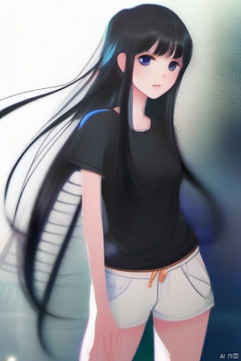 A beautiful girl with long black hair at waist length, exuding a fairy like aura, with hair tips on her head, a beautiful face, perfect body proportions, wearing casual sportswear and shorts, with her eyes facing us, hands behind her back, blushing slightly, looking at me shyly and affectionately. The image quality is not blurry