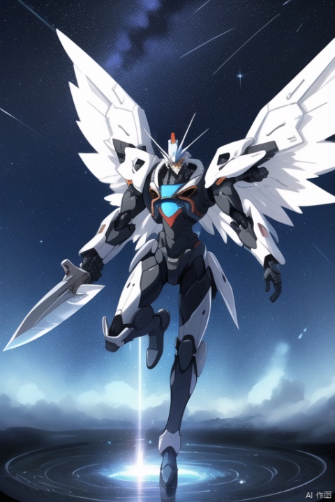 Domineering side leak, resembling eight wings, single wielding a knife, the mecha model is handsome, standing on one leg and stepping forward on the other leg, facing the whole body, with a background starry sky under a meteor shower