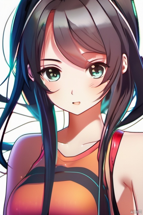 A beautiful girl with long black hair at waist length, exuding a fairy like aura, with hair tips on her head, a beautiful face, perfect body proportions, wearing casual sportswear and shorts, with her eyes facing us, hands behind her back, blushing slightly, looking at me shyly and affectionately.Can see all over the body