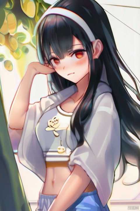  A beautiful girl with long black hair at waist length, exuding a fairy like aura, with hair tips on her head, a beautiful face, perfect body proportions, wearing casual sportswear and shorts, with her eyes facing us, hands behind her back, blushing slightly, looking at me shyly and affectionately.Can see all over the body