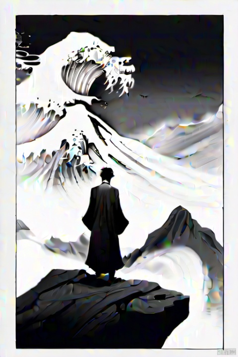 A man with black long hair and ink like eyes, facing away from the ancient style of standing on the mountaintop, exuding an aura of swallowing the mountains and seas. He wore a white robe and white robe, which was painted in black and white tones in ancient feng shui ink paintings