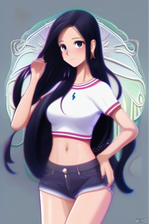  A beautiful girl with long black hair at waist length, exuding a fairy like aura, with hair tips on her head, a beautiful face, perfect body proportions, wearing casual sportswear and shorts, with her eyes facing us, hands behind her back, blushing slightly, looking at me shyly and affectionately. The image quality is not blurry