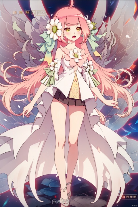 1girl, solo, long hair, open mouth, hair ornament, dress, yellow eyes, pink hair, flower, wings, hair flower, fairy wings, fairy, houtufeng