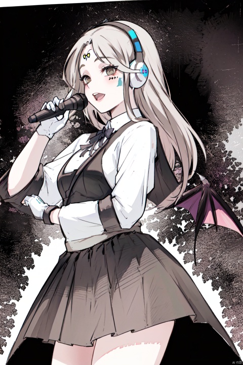 (best quality), ((masterpiece)), ((ultra-detailed)),(highres), original,(illustration), ((detailed light)),(an extremely delicate and beautiful),(colorful)watercolor (medium) ,(((straight-on))),(cyberpunk),(stage),((cute face)),succubus,((detailed school_uniform)),frills,(skirt1.2),fingerless gloves , (Microphone,singing song,happy,)demon hron,demon wings,thigh strap,(headset),(heart tattoo),delicate fingers,sharp_fingernails,