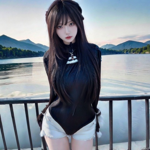 (Best quality, High resolution, Masterpiece :1.3),A pretty woman with slim figure,Breasts,(Dark brown layered haircut),Wearing pendant,
Solid color T-shirt,White shorts,Outdoor,Great view,Lake and mountains in distant background,Details exquisitely rendered in the face and skin texture,Detailed eyes,Double eyelid,(((arms behindback))), wangyushan, xiaoyixian, hkd1.5, black bodysuit