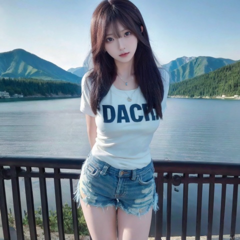  (Best quality, High resolution, Masterpiece :1.3),A pretty woman with slim figure,Breasts,(Dark brown layered haircut),Wearing pendant,
Solid color T-shirt,White shorts,Outdoor,Great view,Lake and mountains in distant background,Details exquisitely rendered in the face and skin texture,Detailed eyes,Double eyelid,(((arms behindback))), wangyushan, xiaoyixian, hkd1.5