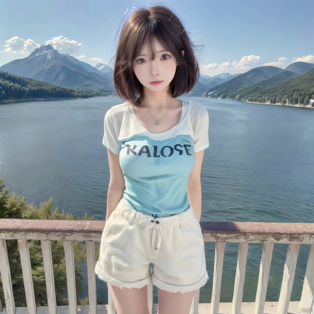  (Best quality, High resolution, Masterpiece :1.3),A pretty woman with slim figure,Breasts,(Dark brown layered haircut),Wearing pendant,T-shirt,White shorts,Outdoor,Great view,Lake and mountains in distant background,Details exquisitely rendered in the face and skin texture,Detailed eyes,Double eyelid,(((arms behindback))), wangyushan