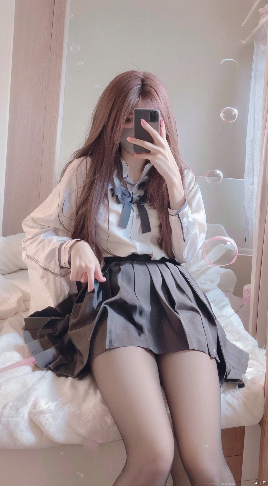 pink hair,(bubble:1.5),8K,Best quality, 1girl, xtt's body,A photo of oneself taken with a phone in front of a mirror,more details,white mask,full body,long wave hair,school uniform,Wearing blue Pleated skirt, wearing black pantyhose , sitting, ((Mobile selfie perspective)), shapely body,midnight, (Wearing a black mask),xtt, aki, spread legs_vagxxx, (\meng ze\), hkd1.5