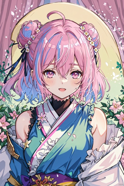  splashing, (((manuscript))), (((best quality))), floating,Kuchiki Rukia, ((an extremely delicate and beautiful)),(upper body),(beautiful detailed eyes), pink eyes,((disheveled hair)),pink hair,double_bun,laugh breasts,kimono,(open_clothes),bare_shoulders,frills,shushing,ahoge,