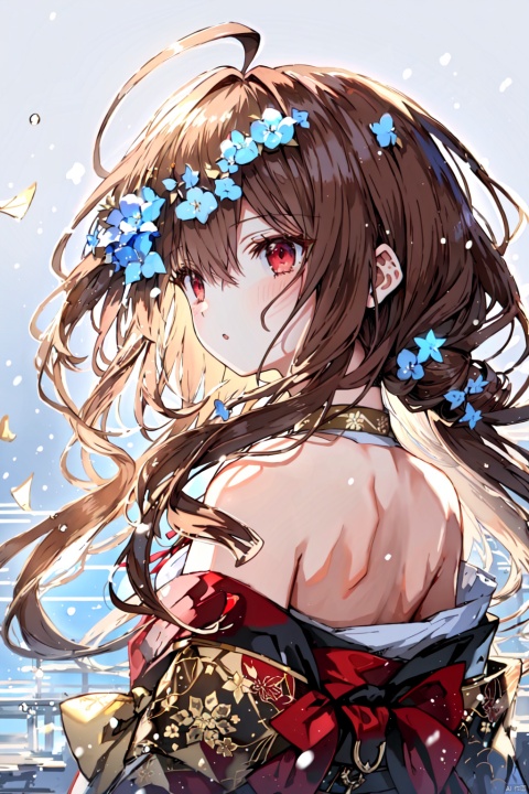  falling_snow, splash,AsunaYuuki, (((manuscript))), (((best quality))), floating, ((an extremely delicate and beautiful)),(upper body),(beautiful detailed eyes), red eyes,((disheveled hair)),gold hair,medium breasts,sweet girl,red kimono,wide waistband,ahoge,backless_dress