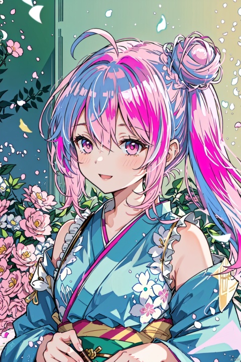  splashing, (((manuscript))), (((best quality))), floating,Kuchiki Rukia, ((an extremely delicate and beautiful)),(upper body),(beautiful detailed eyes), pink eyes,((disheveled hair)),pink hair,double_bun,laugh breasts,kimono,(open_clothes),bare_shoulders,frills,shushing,ahoge,