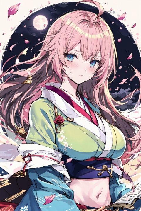 colorful,(white kimono),wide waistband,(gold waistband),splash,(((manuscript))), (((best quality))), floating, ((an extremely delicate and beautiful)),(upper body),(beautiful detailed eyes), red eyes,((disheveled hair)),pink hair,medium breasts,alternate breast size,ahoge,sakura, wetting, (\shen ming shao nv\),masterpiece, best quality, illustration, beautiful detailed girl, beautiful detailed glow, detailed ice, beautiful detailed water, beautiful detailed eyes, expressionless, floating palaces, azure hair, disheveled hair, long bangs, hairs between eyes, skyblue dress, black ribbon, white bowties, midriff, half closed eyes, big forhead, blank stare, flower, large top sleeves, cherry blossoms, cloud, full moon, looking at viewer, moon, moonlight, night, night sky, outdoors, petals, blue moon, rose petals, sky, star sky, starry sky, sun, soft