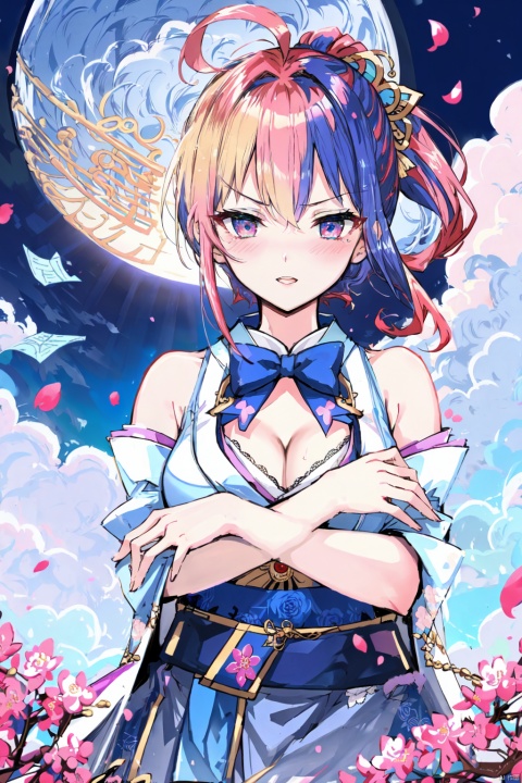 colorful,(white kimono),wide waistband,(gold waistband),splash,(((manuscript))), (((best quality))), floating, ((an extremely delicate and beautiful)),(upper body),(beautiful detailed eyes), red eyes,((disheveled hair)),pink hair,laugh breasts,alternate breast size,cleavage,ahoge,sakura, wetting, (\shen ming shao nv\),masterpiece, best quality, illustration, beautiful detailed girl, beautiful detailed glow, detailed ice, beautiful detailed water, beautiful detailed eyes, expressionless, floating palaces, azure hair, disheveled hair, long bangs, hairs between eyes,hair up, skyblue dress, black ribbon, white bowties, midriff, half closed eyes, big forhead, blank stare, flower, large top sleeves, cherry blossoms, cloud, full moon, looking at viewer, moon, moonlight, night, night sky, outdoors, petals, blue moon, rose petals, sky, star sky, starry sky, sun, soft, midjourney, white pantyhose, (\ji jian\), coloured glaze,no_bra,bandage_bra