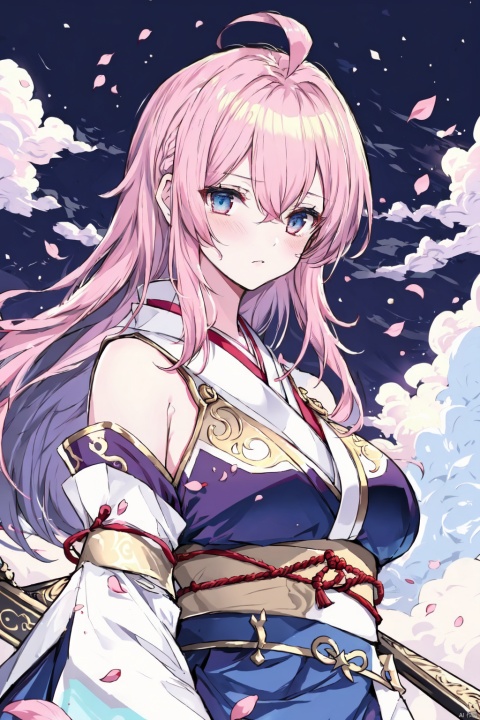 (white kimono),wide waistband,(gold waistband),splash,(((manuscript))), (((best quality))), floating, ((an extremely delicate and beautiful)),(upper body),(beautiful detailed eyes), red eyes,((disheveled hair)),pink hair,medium breasts,ahoge,,sakura, wetting, (\shen ming shao nv\),masterpiece, best quality, illustration, beautiful detailed girl, beautiful detailed glow, detailed ice, beautiful detailed water, beautiful detailed eyes, expressionless, floating palaces, azure hair, disheveled hair, long bangs, hairs between eyes, skyblue dress, black ribbon, white bowties, midriff, half closed eyes, big forhead, blank stare, flower, large top sleeves, cherry blossoms, cloud, full moon, looking at viewer, moon, moonlight, night, night sky, outdoors, petals, blue moon, rose petals, sky, star sky, starry sky, sun, soft