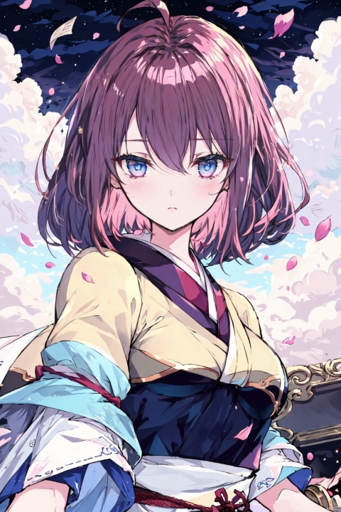 (white kimono),wide waistband,(gold waistband),splash,(((manuscript))), (((best quality))), floating, ((an extremely delicate and beautiful)),(upper body),(beautiful detailed eyes), red eyes,((disheveled hair)),pink hair,medium breasts,ahoge,,sakura, wetting, (\shen ming shao nv\),masterpiece, best quality, illustration, beautiful detailed girl, beautiful detailed glow, detailed ice, beautiful detailed water, beautiful detailed eyes, expressionless, floating palaces, azure hair, disheveled hair, long bangs, hairs between eyes, skyblue dress, black ribbon, white bowties, midriff, half closed eyes, big forhead, blank stare, flower, large top sleeves, cherry blossoms, cloud, full moon, looking at viewer, moon, moonlight, night, night sky, outdoors, petals, blue moon, rose petals, sky, star sky, starry sky, sun, soft