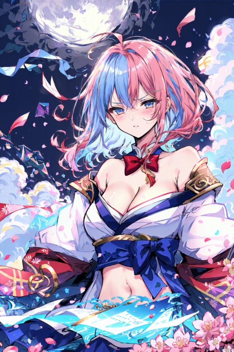 colorful,(white kimono),wide waistband,(gold waistband),splash,(((manuscript))), (((best quality))), floating, ((an extremely delicate and beautiful)),(upper body),(beautiful detailed eyes), red eyes,((disheveled hair)),pink hair,laugh breasts,alternate breast size,cleavage,ahoge,sakura, wetting, (\shen ming shao nv\),masterpiece, best quality, illustration, beautiful detailed girl, beautiful detailed glow, detailed ice, beautiful detailed water, beautiful detailed eyes, expressionless, floating palaces, azure hair, disheveled hair, long bangs, hairs between eyes, skyblue dress, black ribbon, white bowties, midriff, half closed eyes, big forhead, blank stare, flower, large top sleeves, cherry blossoms, cloud, full moon, looking at viewer, moon, moonlight, night, night sky, outdoors, petals, blue moon, rose petals, sky, star sky, starry sky, sun, soft, midjourney,鏃�, white pantyhose, (\ji jian\), coloured glaze
