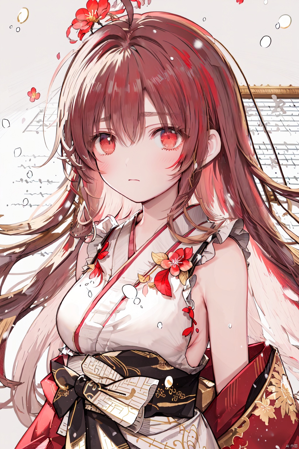  falling_snow, splash,AsunaYuuki, (((manuscript))), (((best quality))), floating, ((an extremely delicate and beautiful)),(upper body),(beautiful detailed eyes), red eyes,((disheveled hair)),gold hair,medium breasts,sweet girl,red kimono,wide waistband,ahoge,backless_dress, lora_eyes10