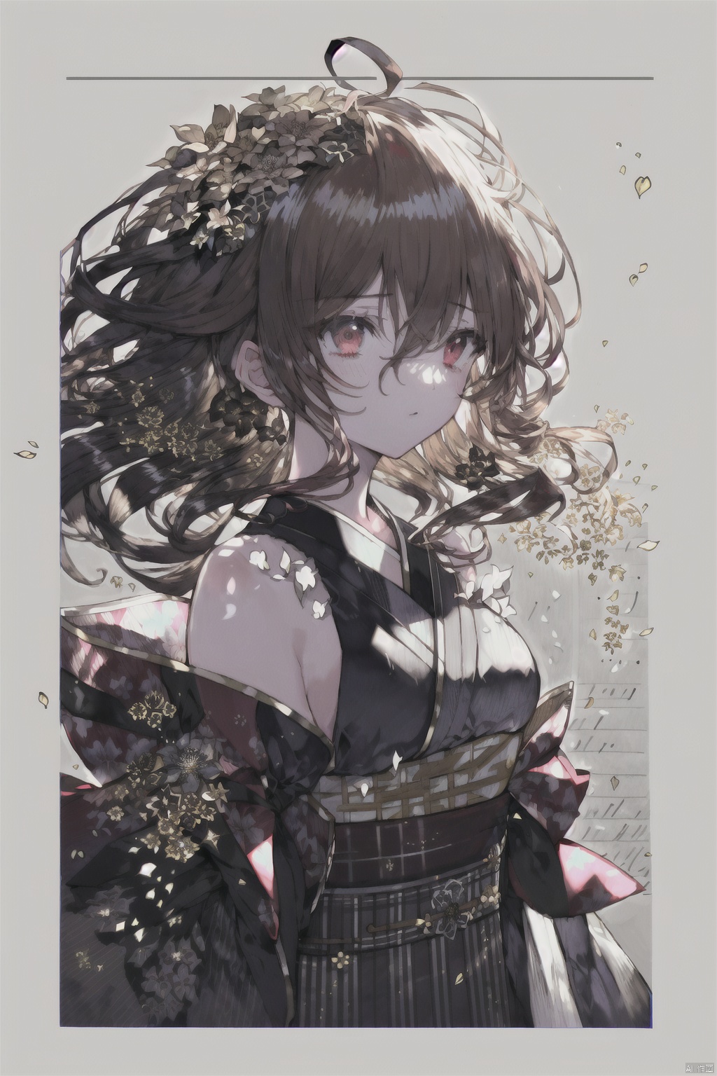  falling_flowers, splash, (((manuscript))), (((best quality))), floating, ((an extremely delicate and beautiful)),(upper body),(beautiful detailed eyes), red eyes,((disheveled hair)),gold hair,medium breasts,sweet girl,red kimono,wide waistband,ahoge,backless_dress, lora_eyes10