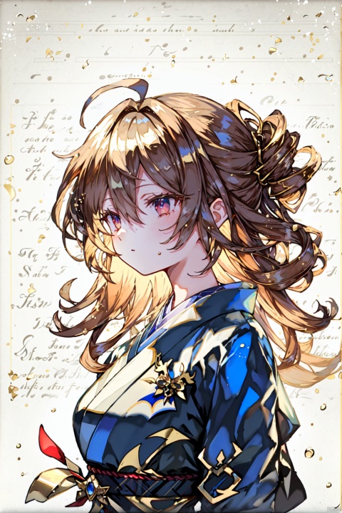 (white kimono),wide waistband,(gold waistband),splash,(((manuscript))), (((best quality))), floating, ((an extremely delicate and beautiful)),(upper body),(beautiful detailed eyes), red eyes,((disheveled hair)),gold hair,medium breasts,ahoge,backless_dress,sakura, wetting, (\shen ming shao nv\),