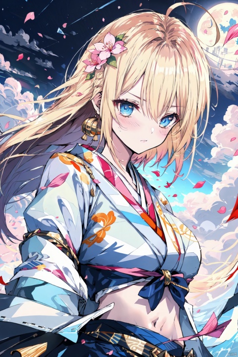 colorful,(white kimono),wide waistband,(gold waistband),splash,(((manuscript))), (((best quality))), floating, ((an extremely delicate and beautiful)),(upper body),(beautiful detailed eyes), red eyes,((disheveled hair)),pink hair,medium breasts,alternate breast size,ahoge,sakura, wetting, (\shen ming shao nv\),masterpiece, best quality, illustration, beautiful detailed girl, beautiful detailed glow, detailed ice, beautiful detailed water, beautiful detailed eyes, expressionless, floating palaces, azure hair, disheveled hair, long bangs, hairs between eyes, skyblue dress, black ribbon, white bowties, midriff, half closed eyes, big forhead, blank stare, flower, large top sleeves, cherry blossoms, cloud, full moon, looking at viewer, moon, moonlight, night, night sky, outdoors, petals, blue moon, rose petals, sky, star sky, starry sky, sun, soft, midjourney