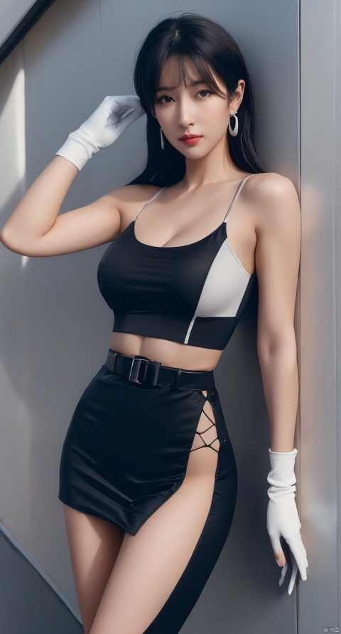 hatching texture, skin gloss, elegant character, artbook, extremely detailed CG Unity 8k wallpaper, official art, highly detailed skin, smooth skin, female focus, 1 girl, Tifa Lockhart, solo, black hair, dress, long hair, cropped top, gloves, spaghetti straps, arms raised, elbow-length gloves, slip dress, black dress, midsection exposed, fingerless gloves, tank top, breasts, leaning against a wall, red eyes, white tank top, looking at the viewer, earrings, jewelry, sports bra, navel, wall, bangs, black gloves, belt, stretching, elbow pads, photo background, high-definition JPEG image, 1girl