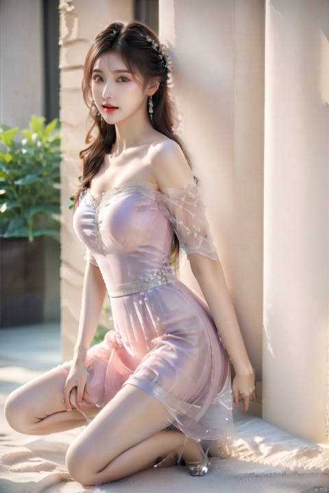 RAW photo, photorealistic, highest quality, masterpiece, beautiful and aesthetic, 16K resolution, high dynamic range (HDR), close-up, one girl with a great figure, transparent tulle skirt, perfect figure, fluttering skirt, exquisite facial features, perfect legs, high heels, solo, off-shoulder, deep cleavage, voluminous pink sheer dress, see-through, slender waist, visible areola, slipping straps, full body, sexy, angelic, high heels, dynamic pose, pink pantyhose, 1 girl