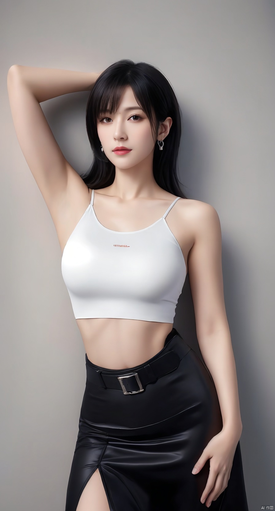 hatching texture, skin gloss, elegant character, artbook, extremely detailed CG Unity 8k wallpaper, official art, highly detailed skin, smooth skin, female focus, 1 girl, Tifa Lockhart, solo, black hair, dress, long hair, cropped top, gloves, spaghetti straps, arms raised, elbow-length gloves, slip dress, black dress, midsection exposed, fingerless gloves, **** top, breasts, leaning against a wall, red eyes, white **** top, looking at the viewer, earrings, jewelry, sports bra, navel, wall, bangs, black gloves, belt, stretching, elbow pads, photo background, high-definition JPEG image, 1girl