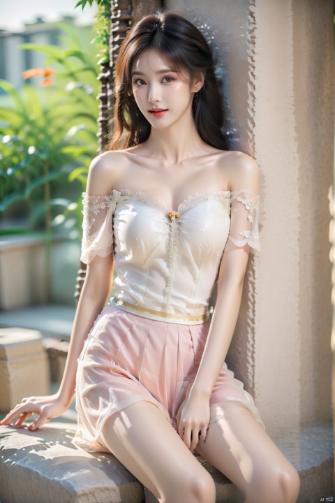 RAW photo, photorealistic, highest quality, masterpiece, elegantly aesthetic, 16K resolution, high dynamic range (HDR), close-up, one girl with a great figure, flowing silk transparent tulle skirt, perfect figure, fluttering skirt, exquisite facial features, perfect legs, high heels, solo, off-shoulder, voluminous pink sheer dress with subtle patterns, see-through effect, slender waist, full body, sexy yet angelic, high heels, dynamic pose with a mysterious smile, pink pantyhose, set against an old stone wall, soft morning light, warm sunset glow, depth of field, bokeh effect