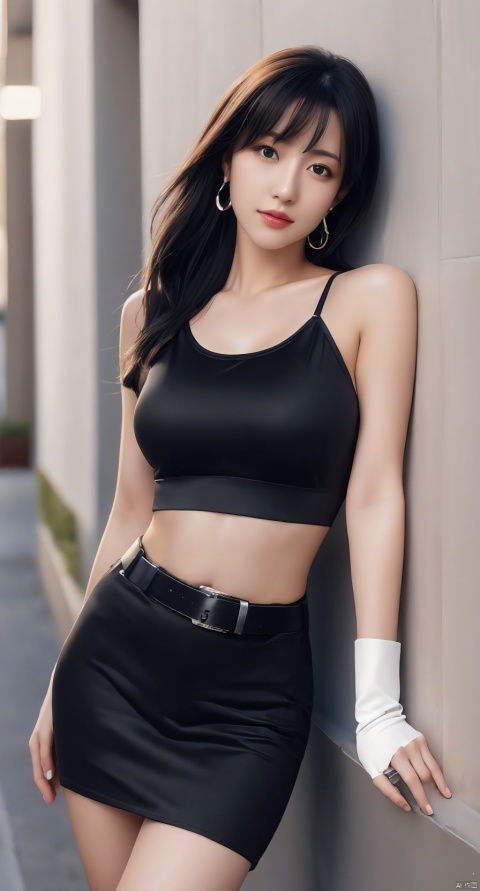 hatching texture, skin gloss, elegant character, artbook, extremely detailed CG Unity 8k wallpaper, official art, highly detailed skin, smooth skin, female focus, 1 girl, Tifa Lockhart, solo, black hair, dress, long hair, cropped top, gloves, spaghetti straps, arms raised, elbow-length gloves, slip dress, black dress, midsection exposed, fingerless gloves, tank top, breasts, leaning against a wall, red eyes, white tank top, looking at the viewer, earrings, jewelry, sports bra, navel, wall, bangs, black gloves, belt, stretching, elbow pads, photo background, high-definition JPEG image, 1girl