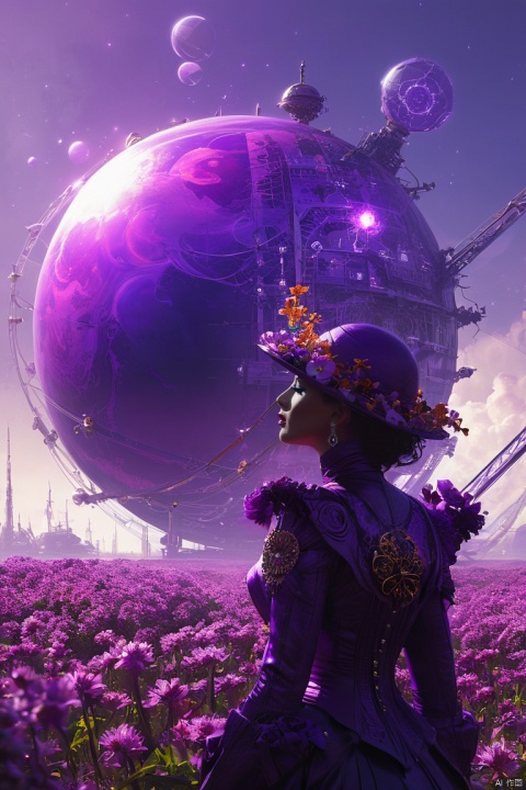 (character art by Bastien Lecouffe-Deharme:0.8) , Pixel Drawing of a Miserable Nautical (electric purple planet:1.3) , detailed with Controversial patterns, near higher class flower field, Sun in the sky, Bokeh, dark fantasy, surreal, intricate details, atmospheric, mystical, science fiction, ornate