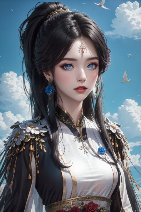 1girl, solo, long hair, looking at viewer, blue eyes, black hair, hair ornament, long sleeves, dress, jewelry, upper body, ponytail, flower, earrings, outdoors, parted lips, sky, day, cloud, blue sky, rose, bird, chinese clothes