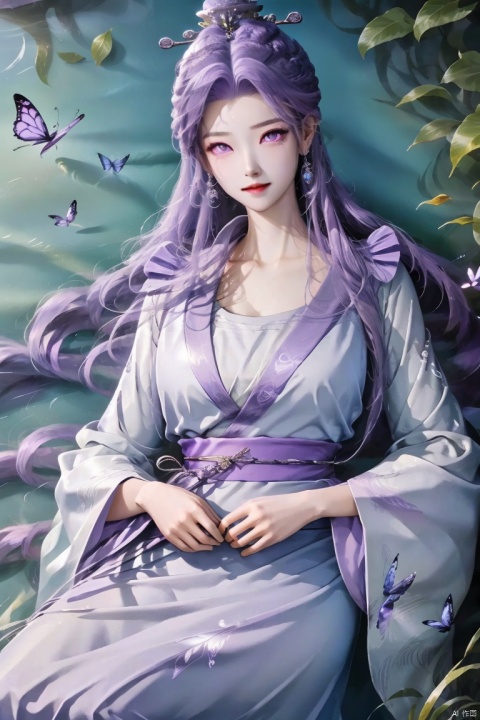  1girl, solo, long hair, looking at viewer, hair ornament, long sleeves, dress, sitting, purple eyes, purple hair, white dress, chinese clothes, bug, butterfly