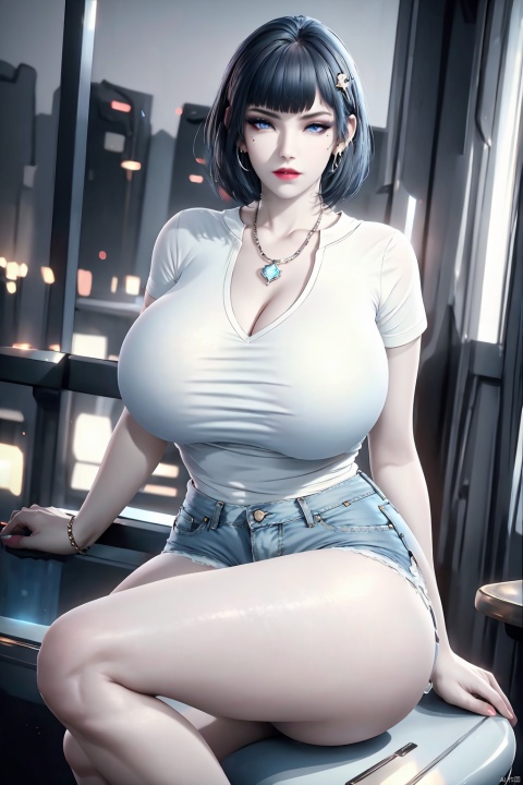 1girl, solo, breasts, looking at viewer, short hair, bangs, blue eyes, shirt, black hair, hair ornament, cleavage, jewelry, sitting, white shirt, short sleeves, thighs, earrings, shorts, indoors, necklace, mole, huge breasts, lips, short shorts, makeup, night, thick thighs, denim, denim shorts