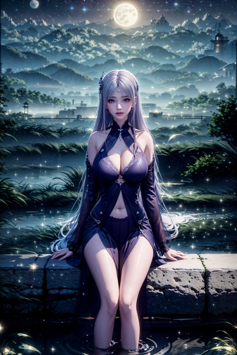1girl,aerial fireworks,arm support,artist name,aurora,beach,black bra,bra,breasts,bridge,castle,christmas tree,city,city lights,cityscape,cleavage,cliff,cloud,cloudy sky,constellation,crescent,crescent moon,earrings,earth,\(planet\),fireflies,fireworks,forest,fountain,full moon,galaxy,grass,hill,horizon,island,jewelry,lace,lace trim,lake,landscape,large breasts,light particles,lighthouse,lingerie,long hair,looking at viewer,milky,way,moon,moonlight,mountain,mountainous,horizon,nature,navel,night,night sky,ocean,onsen,outdoors,palm tree,pine tree,planet,pond,pool,poolside,purple sky,river,rock,shooting star,shore,silver hair,sitting,skirt,sky,skyline,skyscraper,smile,snow,snowing,soaking feet,solo,space,sparkle,star,\(sky\),starry sky,starry sky print,sun,sunrise,thighs,tree,twilight,underwear,water,waterfall,waves,, xiaoyixian,whtie hair, ((poakl))