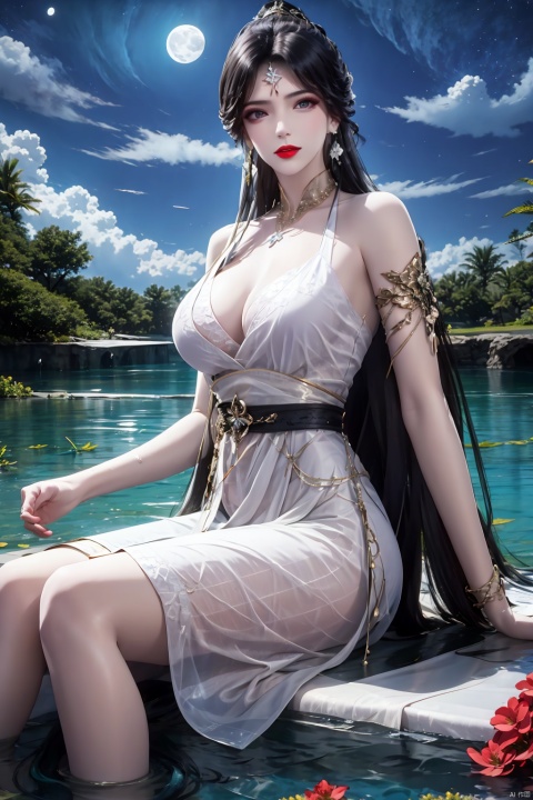 1girl, solo, long hair, breasts, looking at viewer, large breasts, black hair, dress, cleavage, bare shoulders, jewelry, sitting, flower, earrings, outdoors, parted lips, sky, belt, cloud, water, necklace, white dress, blue sky, wet, night, moon, wet clothes, armlet, red lips