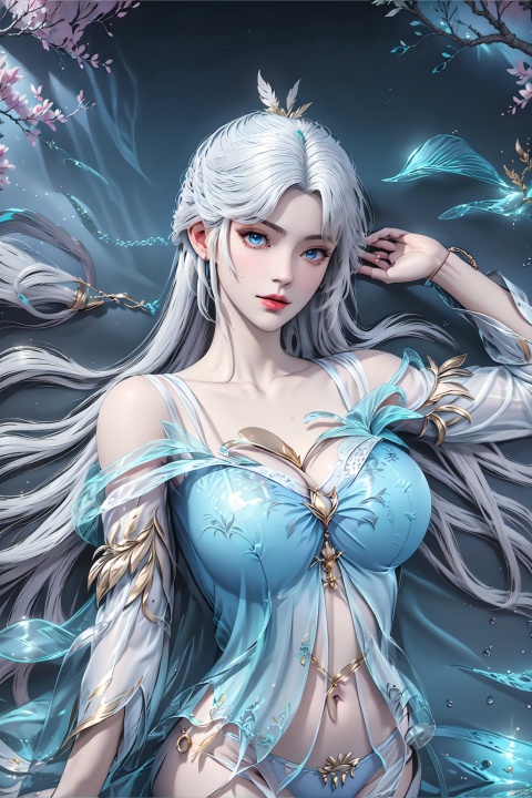 1girl, solo, long hair, breasts, looking at viewer, blue eyes, large breasts, dress, navel, cleavage, bare shoulders, underwear, collarbone, panties, braid, flower, white hair, lying, detached sleeves, water, lips, see-through, bird, garter straps, cherry blossoms, partially submerged, branch